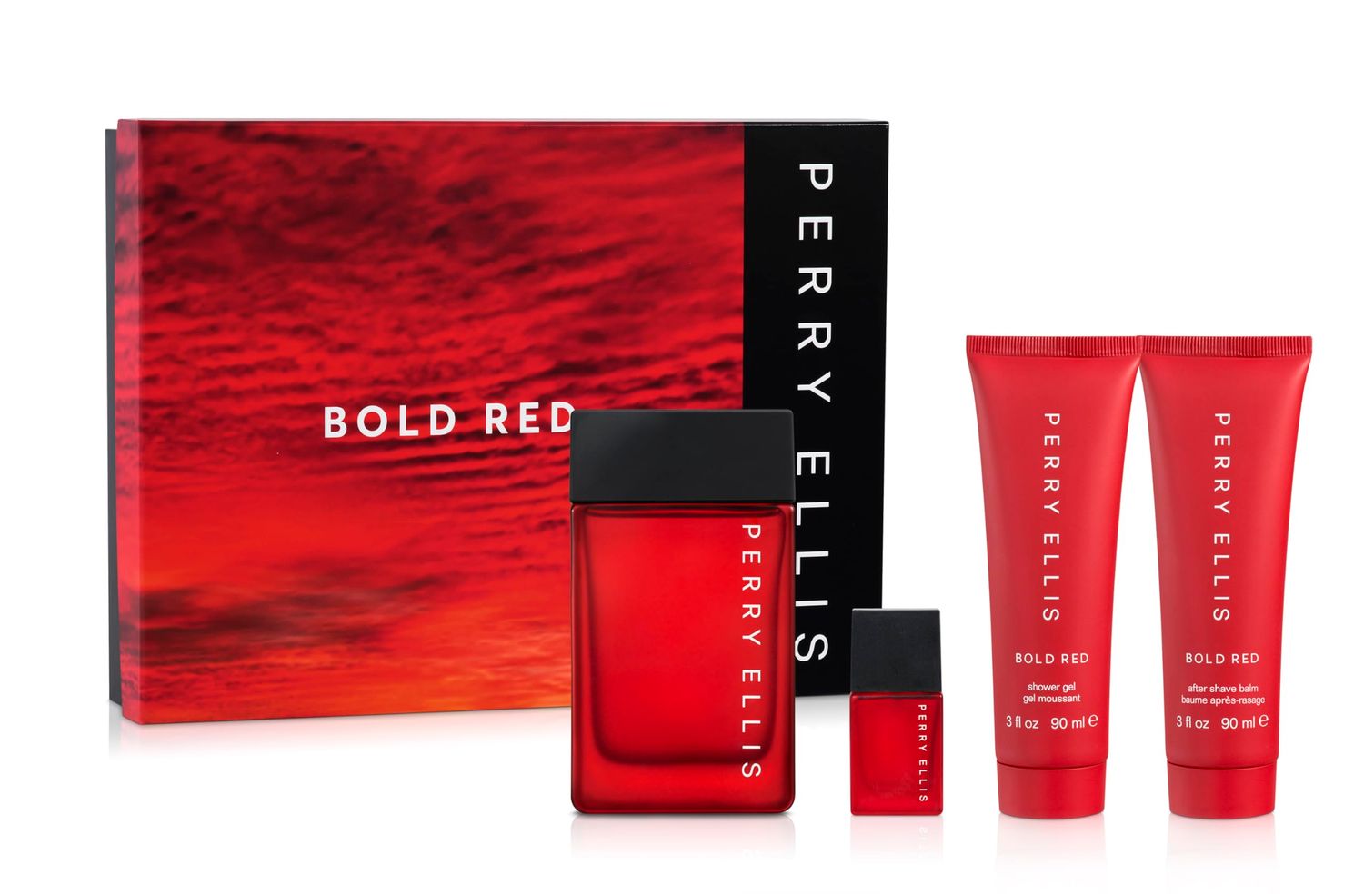 Perry Ellis Bold Red Gift Set 3.4 fl oz eau de toilette,3 oz aftershave,3 oz shower gel,.25 fl oz travel mini - lime, parsley, mandarin, nutmeg, cinnamon, lavender, sandalwood, patchouli, cedarwood