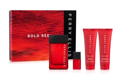 Perry Ellis Bold Red Gift Set 3.4 fl oz eau de toilette,3 oz aftershave,3 oz shower gel,.25 fl oz travel mini - lime, parsley, mandarin, nutmeg, cinnamon, lavender, sandalwood, patchouli, cedarwood