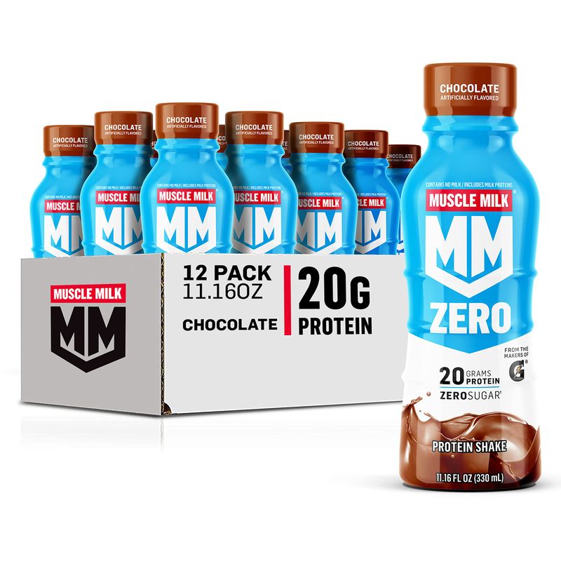 Muscle Milk Zero Protein Shake, Chocolate,20g Protein, Zero Sugar, 100 Calories, Calcium, Vitamins A, C D, 4g Fiber, Energizing Snack, Workout Recovery, Packaging May Vary,11.16 Fl Oz (Pack of 12)