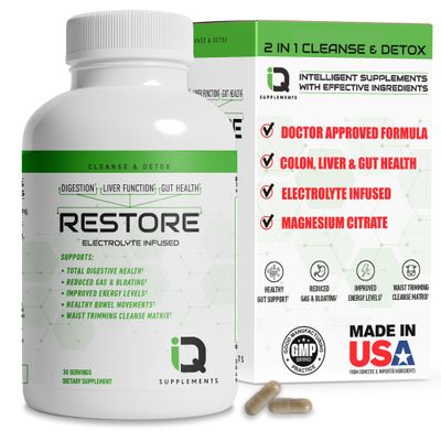 Restore 2 In 1 Colon Cleanse Detox w Psyllium - Supports Digestion, Debloating Constipation Relief for Women Men, Gut Detox Cleanse w Magnesium Electrolyte Infused Colon Cleanser Detox