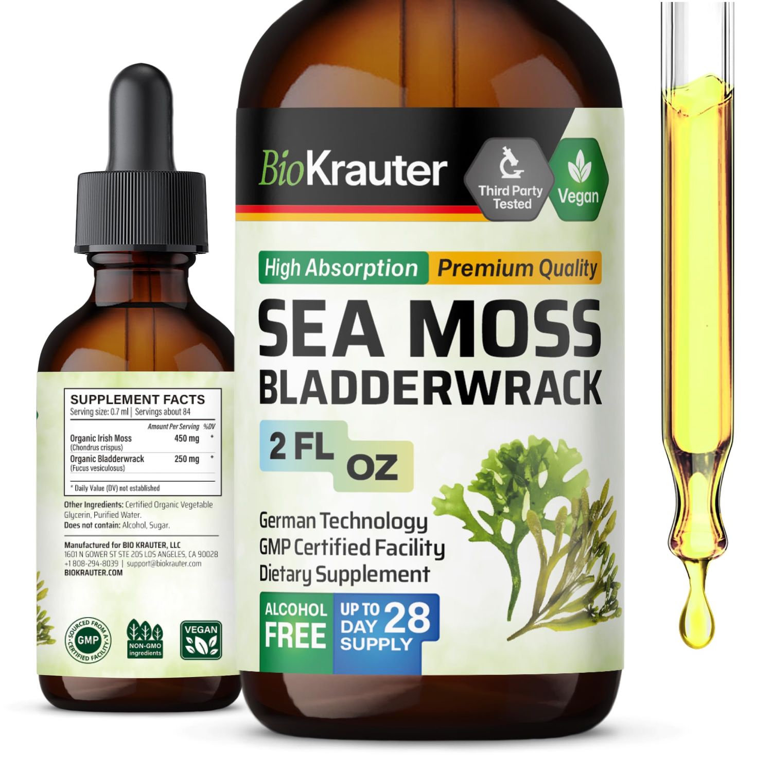BIO KRAUTER Irish Sea Moss Drops - Chondrus Crispus Sea Moss Supplement with Bladderwrack - Alcohol Sugar Free Iodine Supplement - 2 Fl.Oz.