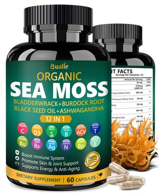 Bualle Organic Sea Moss Capsules with Sea Moss,Black Seed Oil,Ashwagandha,Bladderwrack,Ginger,Burdock Root for Immune System,Skin,Energy Support-60 Capsules (1 Pack)