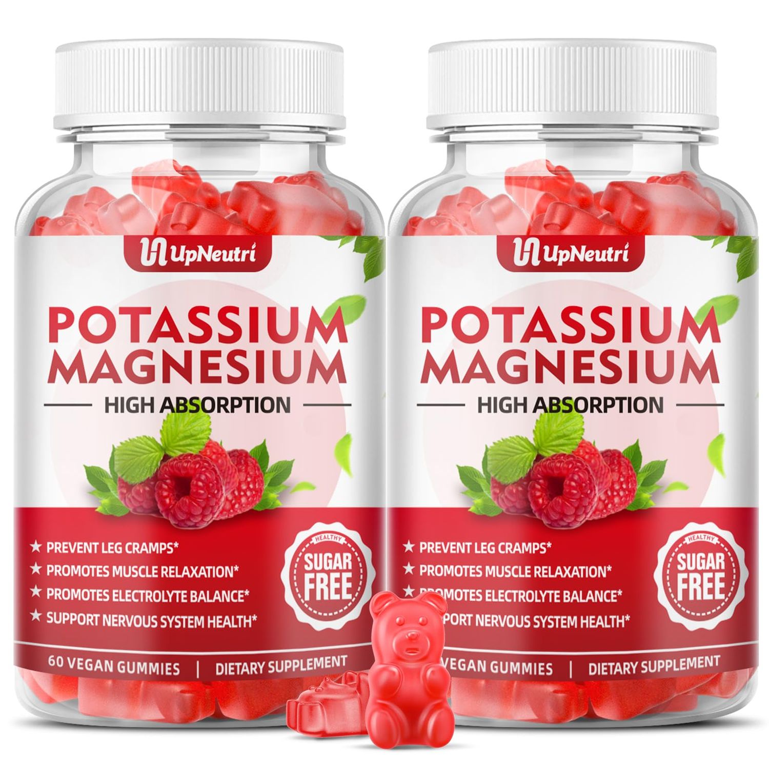 UPNEUTRI Potassium Magnesium Supplement Gummies for Adults Kids, Sugar-Free Potassium Gummies Supports Leg Cramps Muscle Immune Health, High Absorption Magnesium Gummies Raspberry Flavor 120 Cts