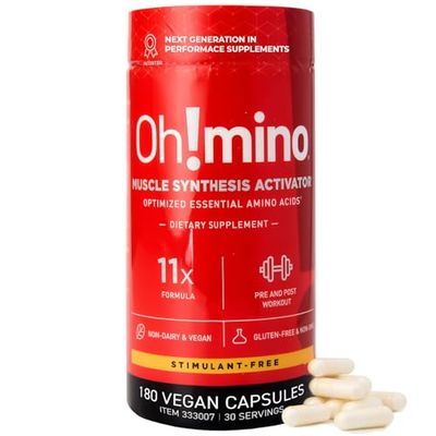 Oh!mino Amino Acids Supplement for Protein Synthesis - EAAs Capsules for Muscle Recovery, Pre Post Workout - Non Caffeine, Non Dairy, Vegan, Zero Sugar Net Carbs (180-Count, 30 Servings)