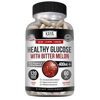 Kaya Naturals Healthy Gluco with Bittermelon Supplement Support Healthy Levels and Function, 20 Herbs Vitamins and Minerals, Alpha Lipoic Acide, Cinnamon, Vitamin C E, Non-GMO (120 Count)