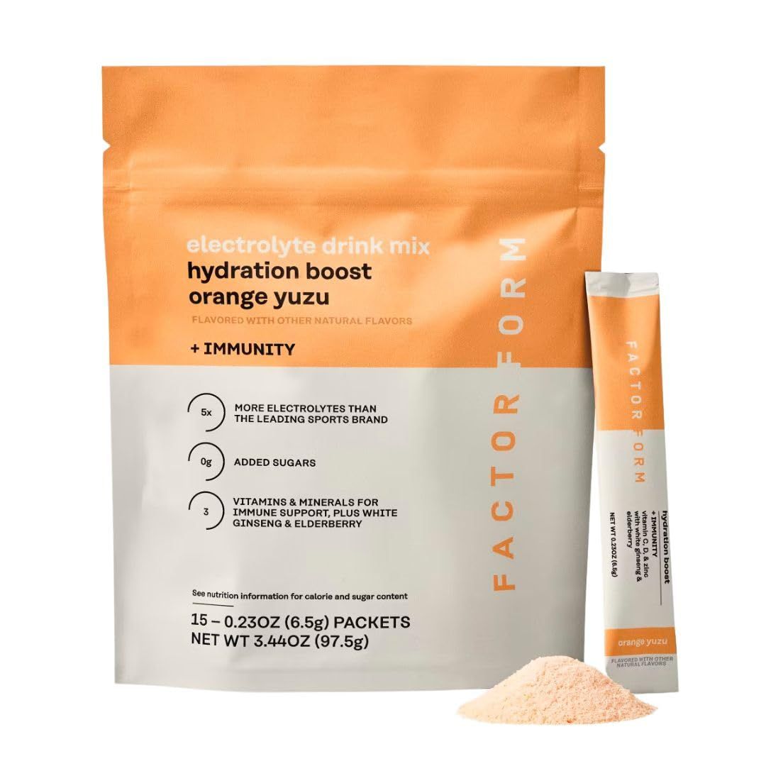 FACTOR FORM Hydration Boost Electrolyte Powder 1800mg Electrolytes Vitamin C, D, B6 B12 for Energy Immunity No Added Sugar 5 Calories 15 Packets Orange Yuzu Flavor