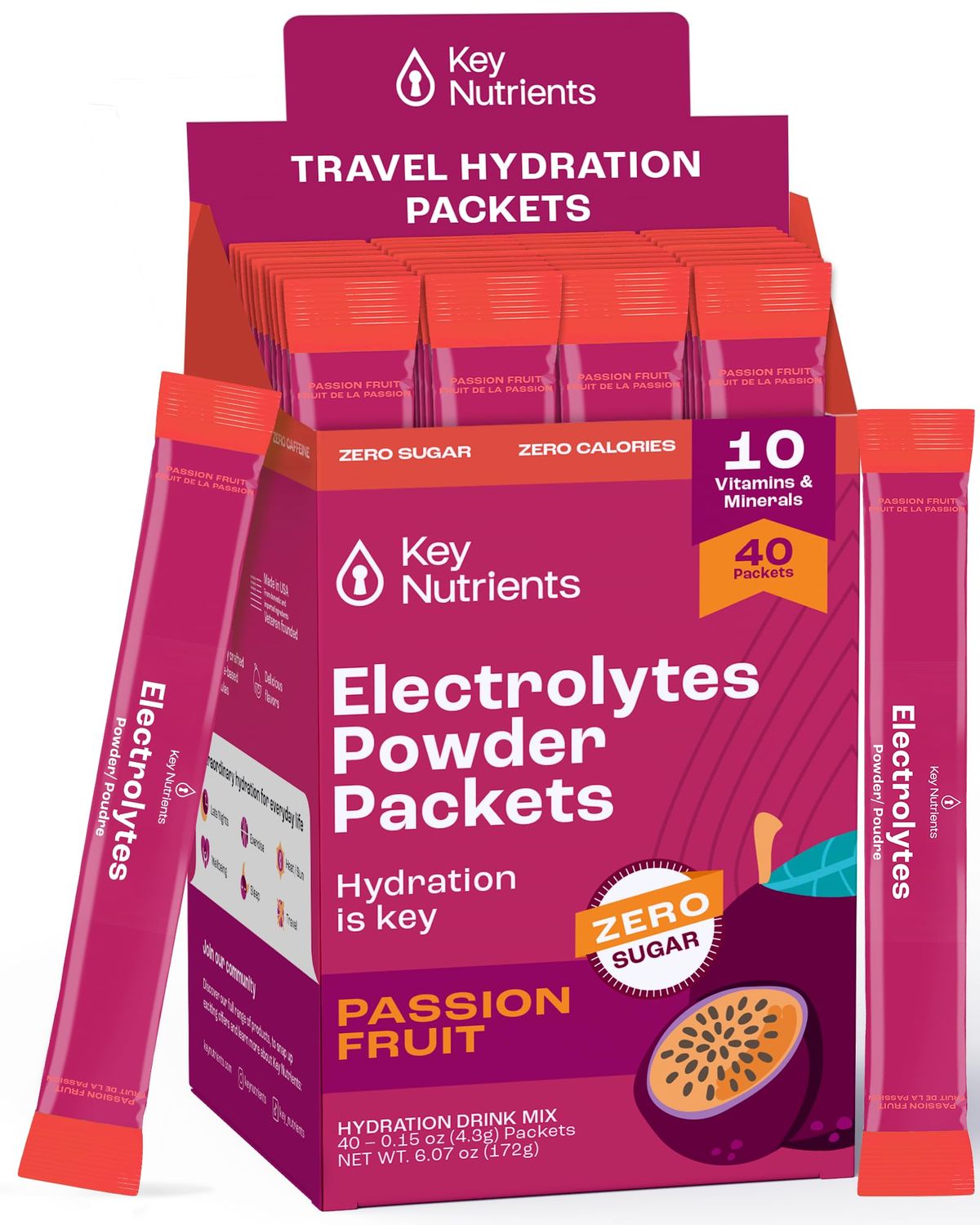 KEY NUTRIENTS Multivitamin Electrolytes Powder Packets - Delicious Passion Fruit 40 Pack Hydration Packets - Travel Hydration Powder - No Sugar, No Calories, Gluten Free - Made in USA