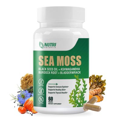 Sea Moss Black Seed Oil Ashwagandha Ginger Supplement - Irish Sea Moss with Turmeric, Bladderwrack Burdock - 16 in 1 Immune, Joint and Gut Support - 60 Capsules