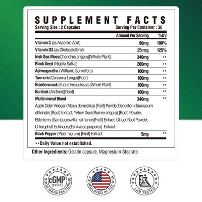 Sea Moss Black Seed Oil Ashwagandha Ginger Supplement - Irish Sea Moss with Turmeric, Bladderwrack Burdock - 16 in 1 Immune, Joint and Gut Support - 60 Capsules