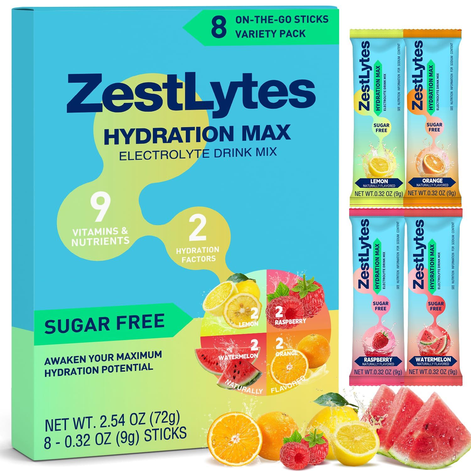 Salty Fruit Flavor Hydration Powder Packets, Electrolyte Powder Drink Mix, Liquid Everyday IV Drink Mix for Rehydration Max Sugar Free 9 Vitamins Nutrients 2 Hydration Factors 8 Sticks