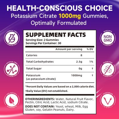 Potassium Citrate Gummies for Adults, Sugar-Free Potassium Gummies 1000mg Support Leg Cramps Electrolyte Balance High Potency Potassium Supplement Gummies 120 Count