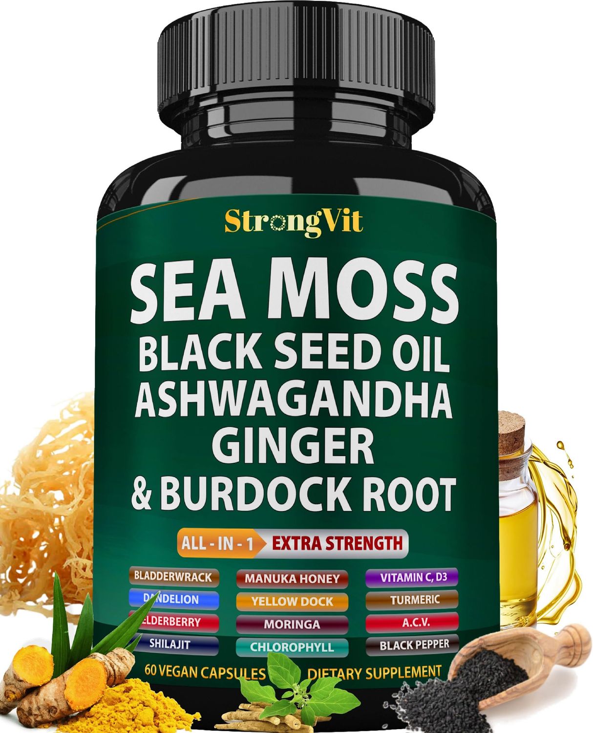 Sea Moss Black Seed Oil Ashwagandha Ginger, Organic Sea Moss Capsules with Burdock Root, Irish Seamoss Pills with Bladderwrack, Turmeric, Shilajit, Multimineral Supplement, USA