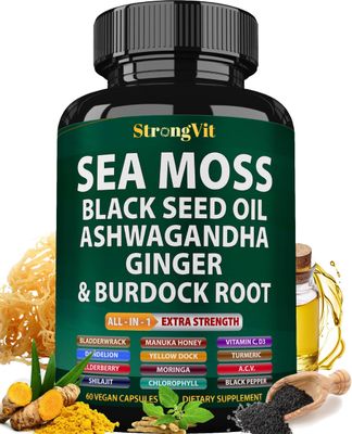 Sea Moss Black Seed Oil Ashwagandha Ginger, Organic Sea Moss Capsules with Burdock Root, Irish Seamoss Pills with Bladderwrack, Turmeric, Shilajit, Multimineral Supplement, USA