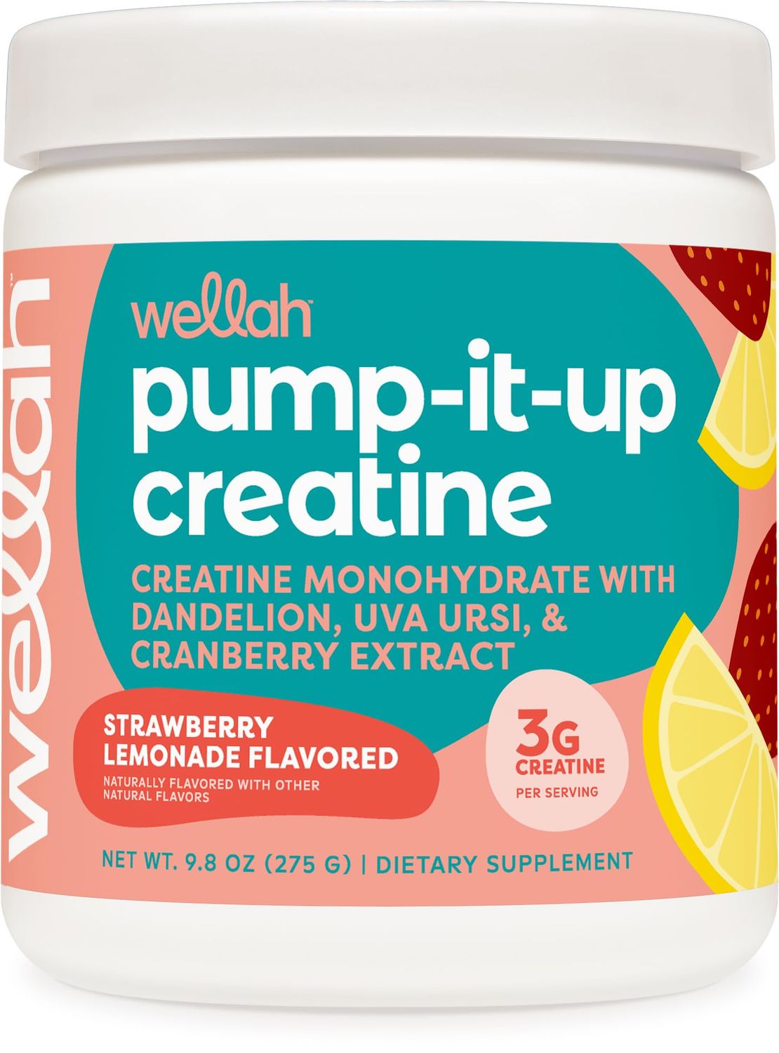 Wellah Pump-It-Up Creatine (50 Servings, Strawberry Lemonade) - Creatine Monohydrate with Dandelion, Uva Ursi, Cranberry Extract