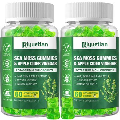 Riyuetian 2 Pack Sea Moss Gummies - 120 Vegan Irish Moss Gummy Bears - Made with Natural Organic Sea Moss Gel,Bladderwrack Burdock Root - Seamoss Supplement fo Energy, Immune Support