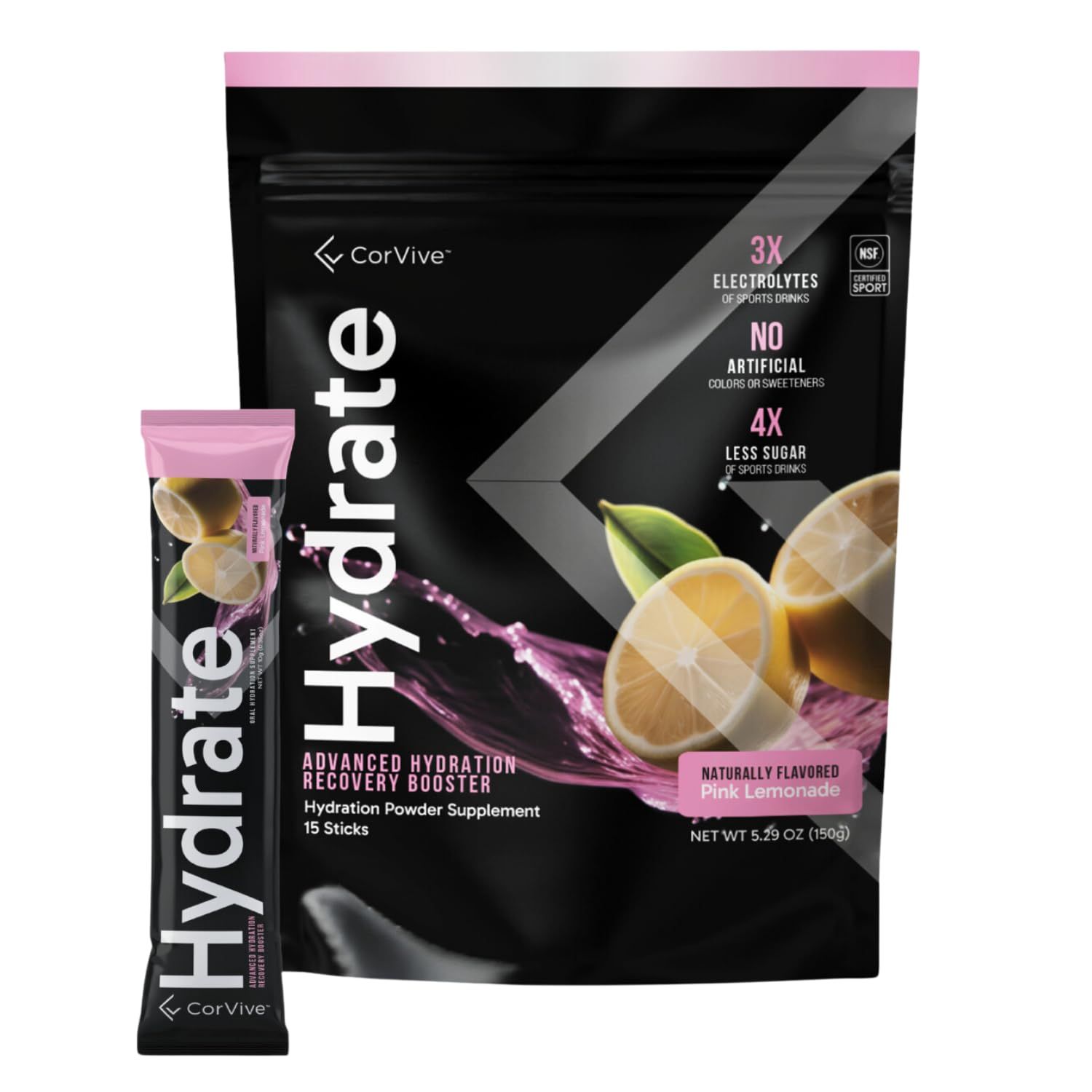 Hydrate Electrolyte Drink Mix Pink Lemonade Flavor NSF Certified Electrolytes, Vitamin C, Magnesium, Zinc, Potassium Used by Athletes US Military Boost Performance 15 Packs