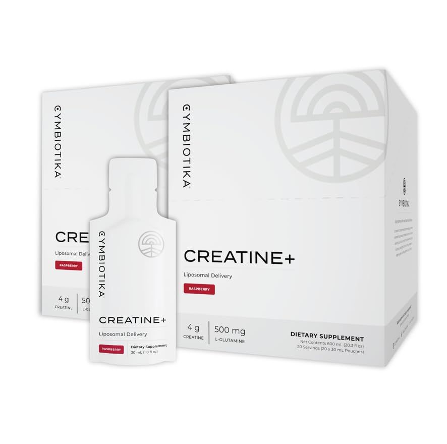 CYMBIOTIKA Creatine, Creatine and Glutamine Supplement for Amino Energy, Recovery, Muscle Mass Brain Support, Liposomal Delivery, Gluten Free Vegan, Raspberry Flavor, 30mL, 2pck (2)