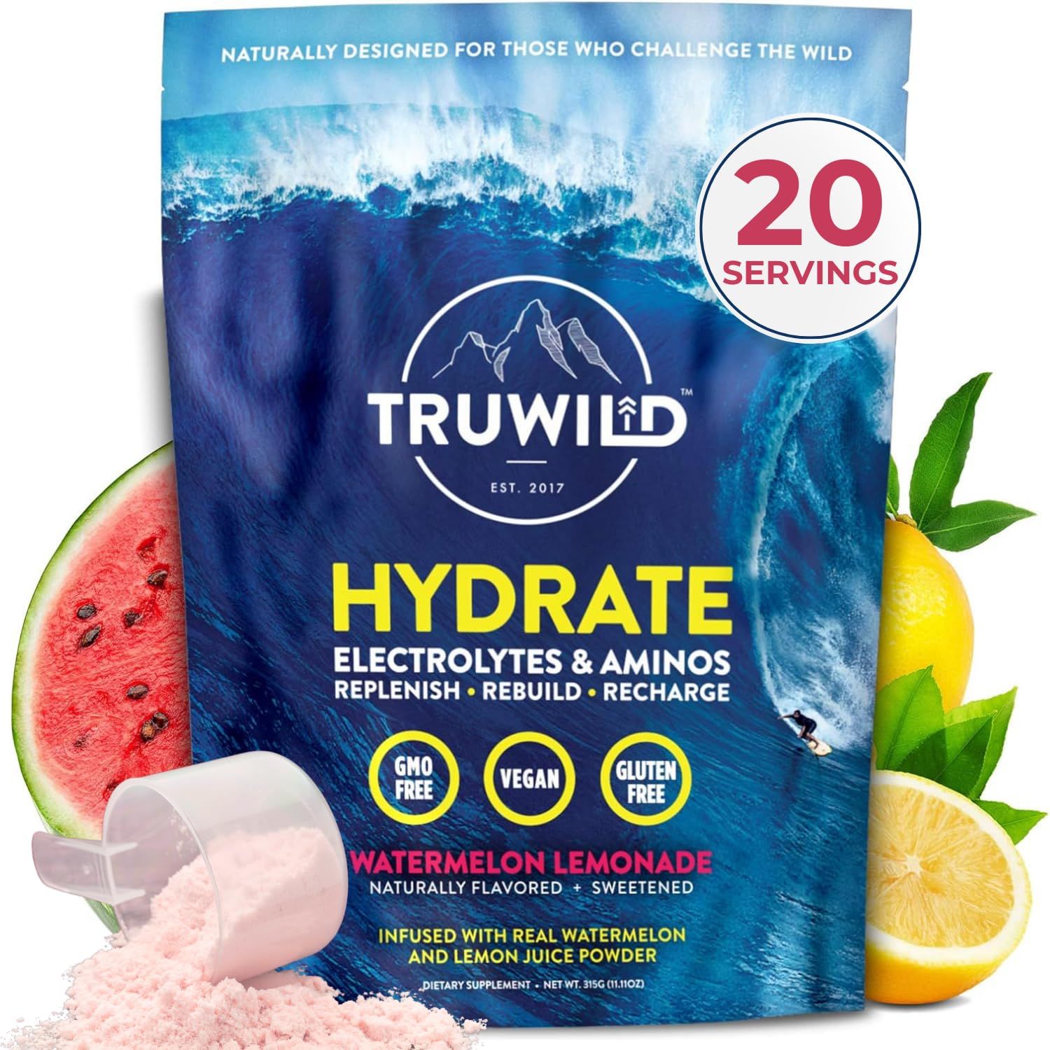 TruWild Natural Hydration Powder with Zero Sugar, Vegan Electrolytes Amino Acids, Recovery Drink for Everyday Use, Post Workout Muscle Support Supplement with Magnesium (Watermelon Lemonade)