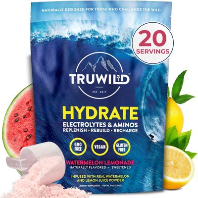 TruWild Natural Hydration Powder with Zero Sugar, Vegan Electrolytes Amino Acids, Recovery Drink for Everyday Use, Post Workout Muscle Support Supplement with Magnesium (Watermelon Lemonade)