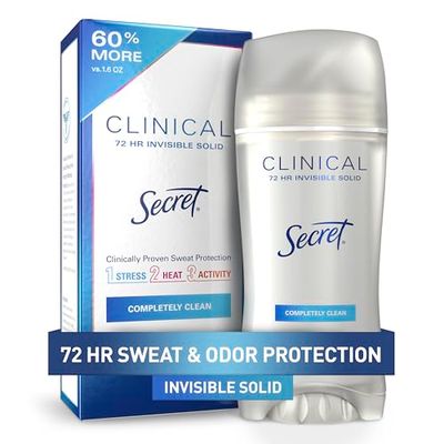 Secret Clinical Strength Antiperspirant Deodorant for Women, 3X Stress Protection, 72hr Sweat Odor Protection, PH Balancing Minerals, Invisible Solid, Completely Clean Scent, 2.6 oz