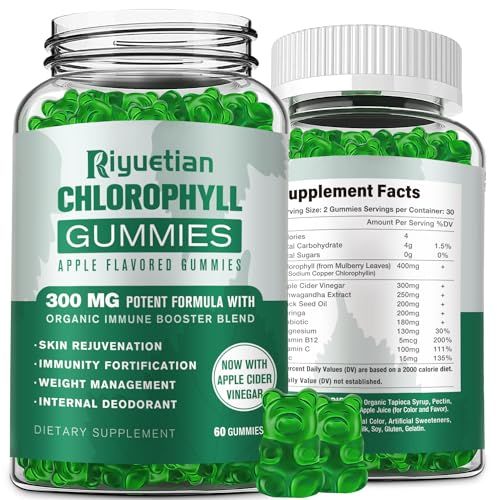 Riyuetian Sugar Free Chlorophyll Gummies - with Unfiltered ACV, Sea Moss Elderberry, Echinacea, Vitamin D3, C, E, B12 - Natural Deodorant, Energy Boost, Immune Digestion Support, Vegan 60 Gummies