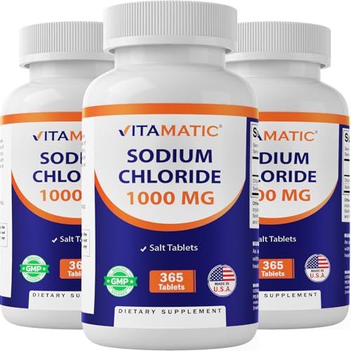 Vitamatic Sodium Chloride 1000mg, 365 Tablets - Salt Tablets, Non-GMO, Gluten Free - Electrolytes Replenisher Hydration Drink (3 Bottles)