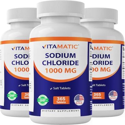 Vitamatic Sodium Chloride 1000mg, 365 Tablets - Salt Tablets, Non-GMO, Gluten Free - Electrolytes Replenisher Hydration Drink (3 Bottles)