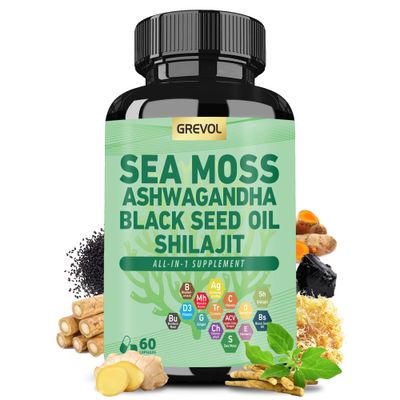 Sea Moss Ashwagandha Shilajit Black Seed Oil, Sea Moss Capsules with Burdock Turmeric Vitamins C D3 Elderberry Ginger ACV Manuka Dandelion - 60 Count