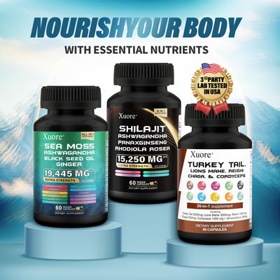 Xuore Shilajit,Sea Moss, Black Seed Oil,Mushroom Herb Supplement with Lions Mane, Turkey Tail, Reishi, Cordyceps, Chaga, Ashwagandha, Ginger, Rhodiola Rosea Panax Ginseng,All in One Supplement.