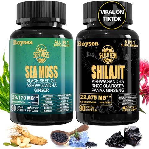 Geloo Superfood Supplement Bundle - 90 Count Sea Moss Capsules (Sea Moss, Black Seed Oil) 90 Count Pure Shilajit Capsules (Shilajit, Ashwagandha) -1 Pack