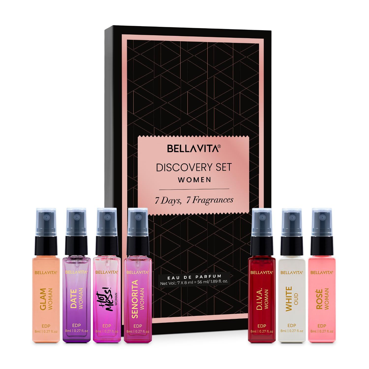 BellaVita Luxury Discovery Set Womens Perfumes (7x8ml) Mini Perfume Gift Set for Women with Rose, OUD Pepper Oriented Compact Long-Lasting Floral Perfumes for Women Cruelty Free Fragrance
