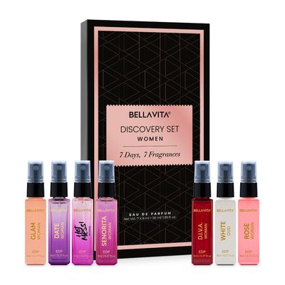 BellaVita Luxury Discovery Set Womens Perfumes (7x8ml) Mini Perfume Gift Set for Women with Rose, OUD Pepper Oriented Compact Long-Lasting Floral Perfumes for Women Cruelty Free Fragrance