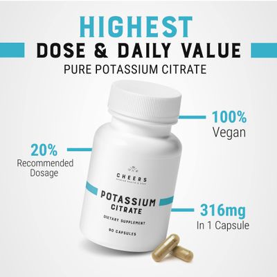 Cheers Potassium Citrate, 20 Daily Value, 316 mg per Capsule, 90 Capsules, Vegan Potassium Supplement for Adults, Natural Mineral Electrolyte