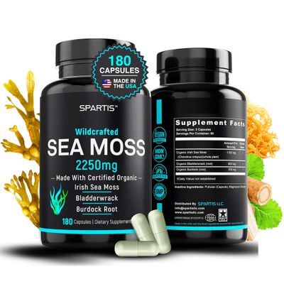 SPARTIS Certified Organic Sea Moss Capsules 2250mg Wildcrafted Irish Sea Moss Burdock Root Bladderwrack Supplement Raw Seamoss Pills Powder (Pack of 1 at 180-Caps)