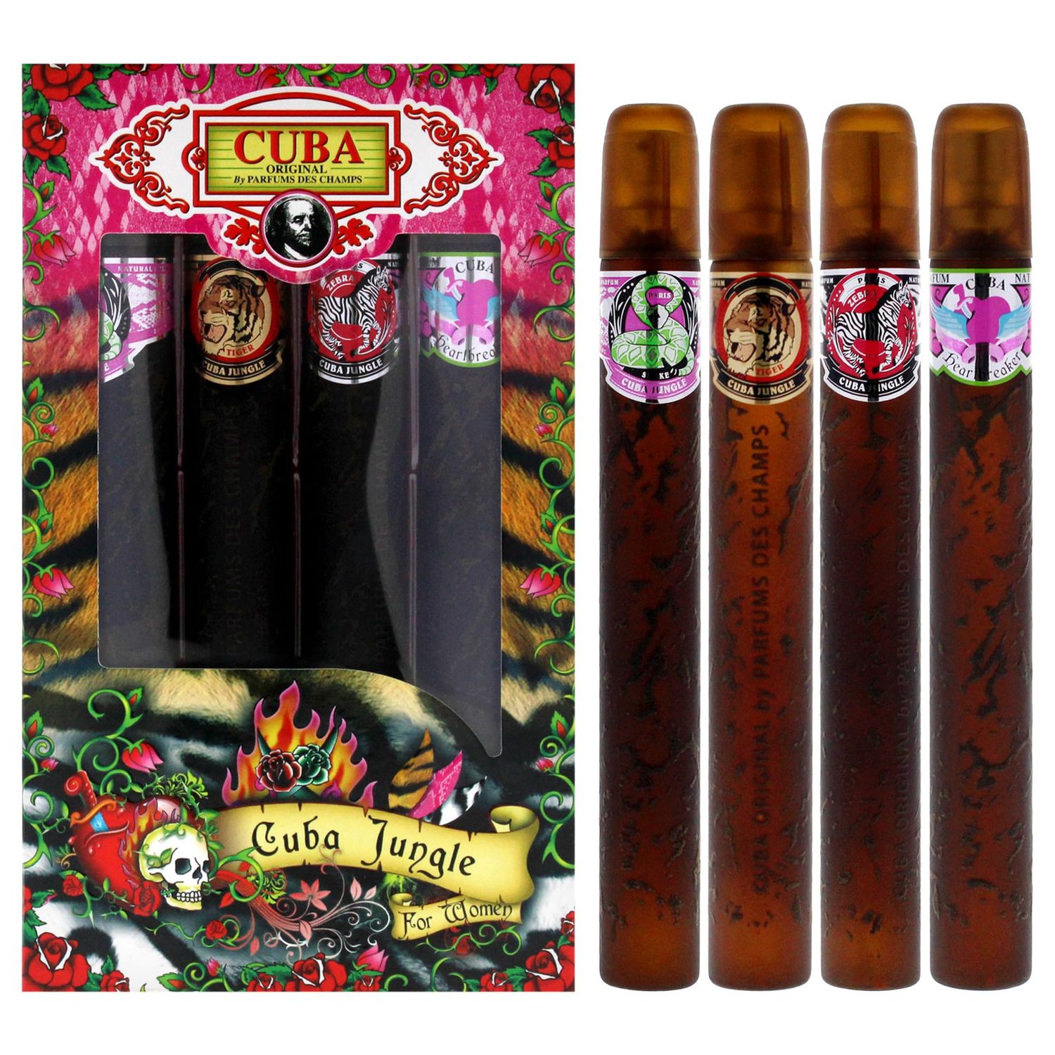 Cuba Jungle 4 Pieces Gift Set for Women, (Snake Tiger Zebra Heartbreaker 41.17 Ounce Eau de Parfum Spray)