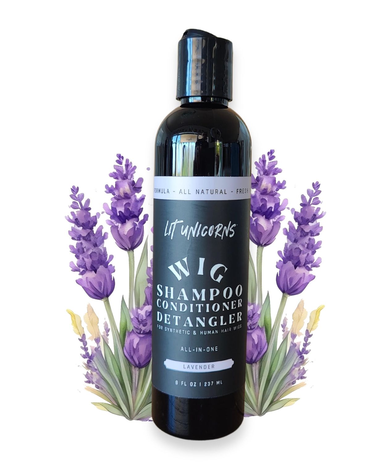 LIT UNICORNS All Natural Wig Shampoo for Human Hair and Synthetic Wigs, Cleanses, Conditions Detangles, Made In USA, Vegan Fresh Lavender Scent. No parfumes or fragrances