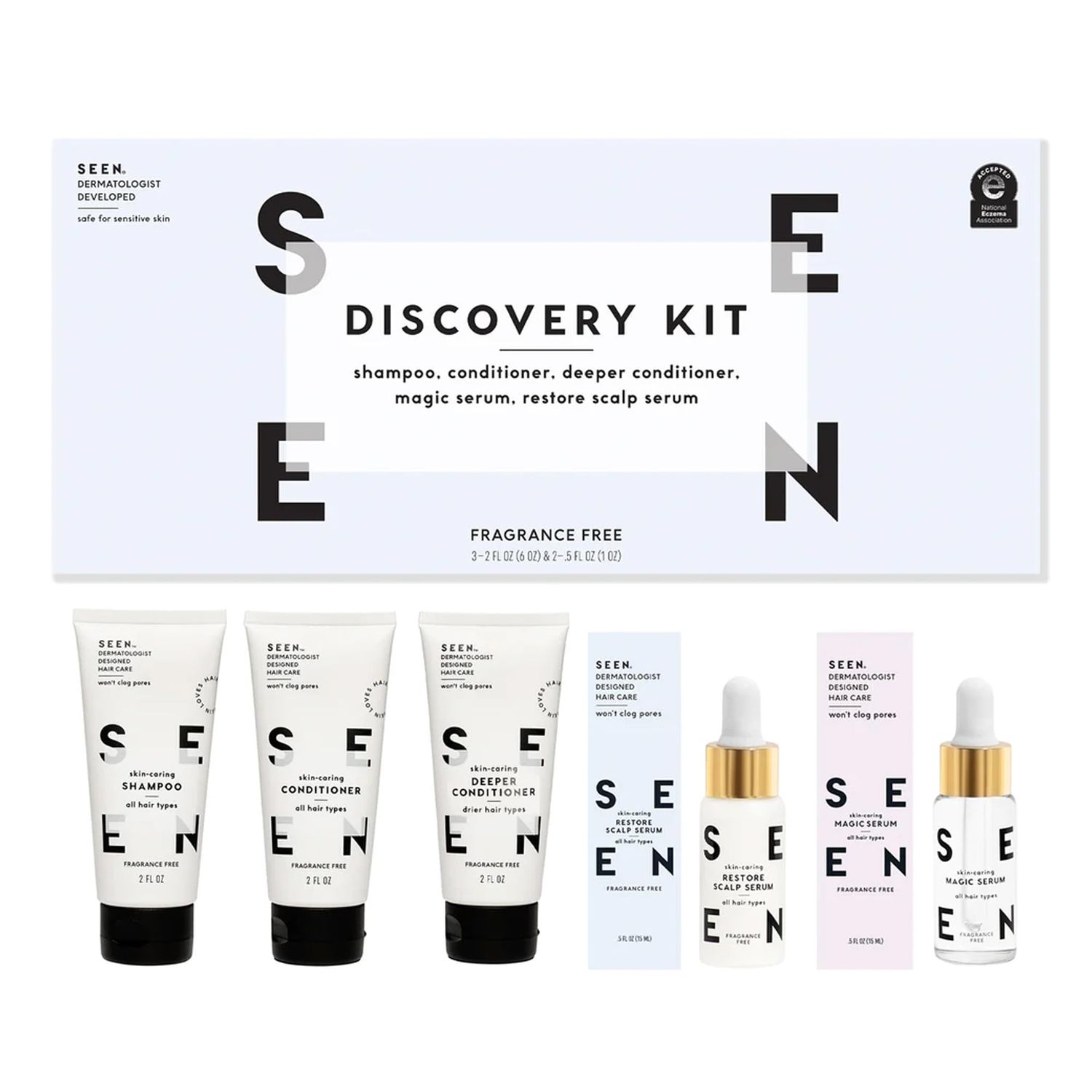 SEEN Discovery Kit - Fragrance Free - Non-Comedogenic Sulfate-Free Hair Set- Dermatologist-Developed - Safe for Sensitive, Eczema Acne Prone Skin