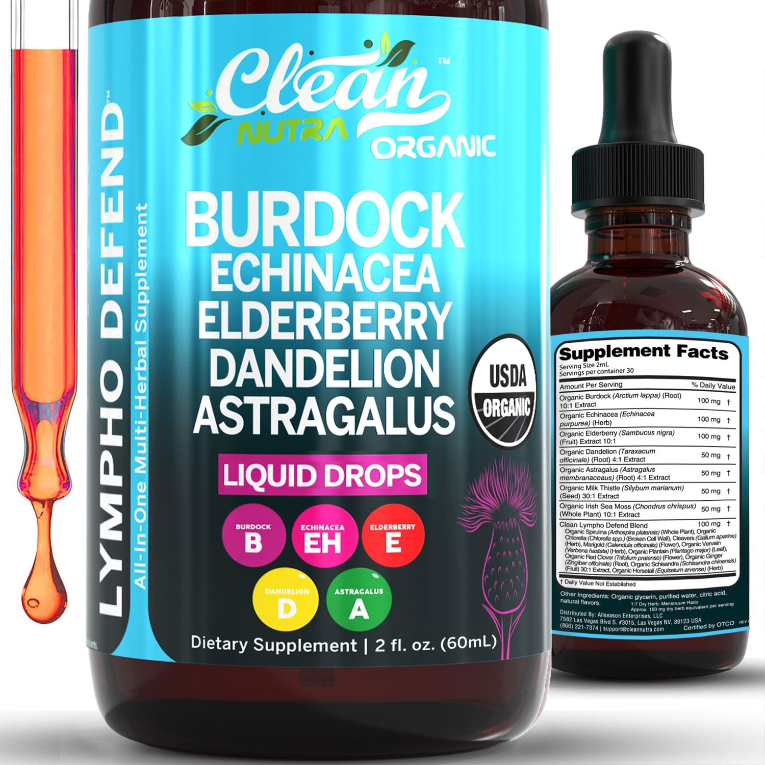 Organic Lymphatic Drainage Supplement Lymphatic Support Drops Burdock Root Echinacea Elderberry Dandelion Astragalus Milk Thistle Sea Moss Red Clover Cleanse Marigold Drop by Clean Nutra