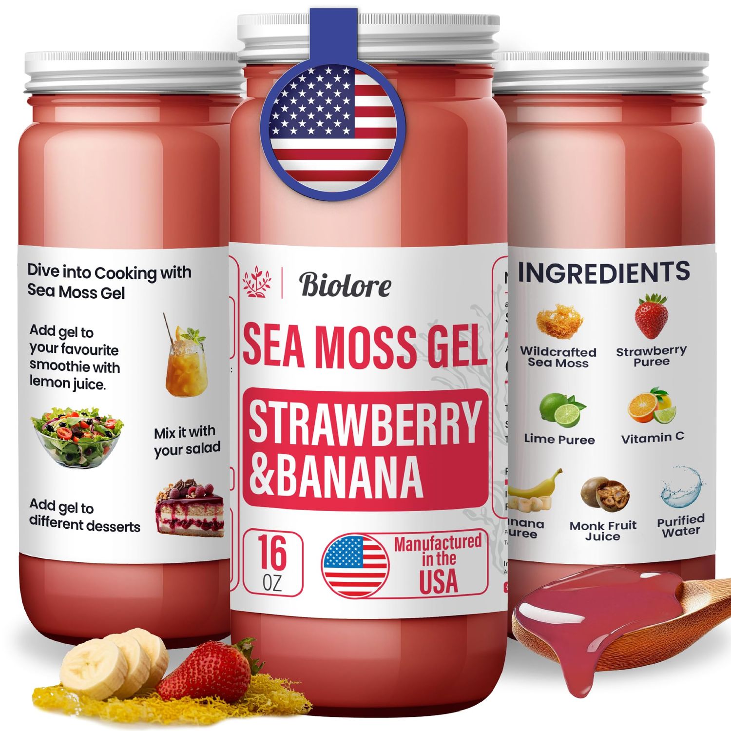 Biolore Sea Moss Gel - Strawberry Banana 16oz, Wildcrafted Irish Seamoss with Essential Vitamins Trace Minerals, Vegan Superfood Made in USA