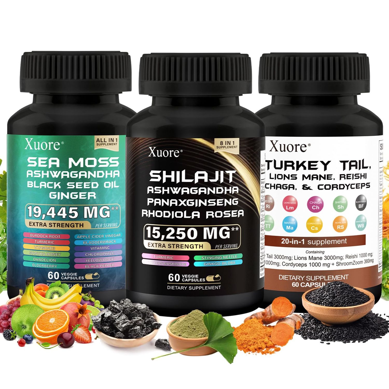 Xuore Shilajit,Sea Moss, Black Seed Oil,Mushroom Herb Supplement with Lions Mane, Turkey Tail, Reishi, Cordyceps, Chaga, Ashwagandha, Ginger, Rhodiola Rosea Panax Ginseng,All in One Supplement.