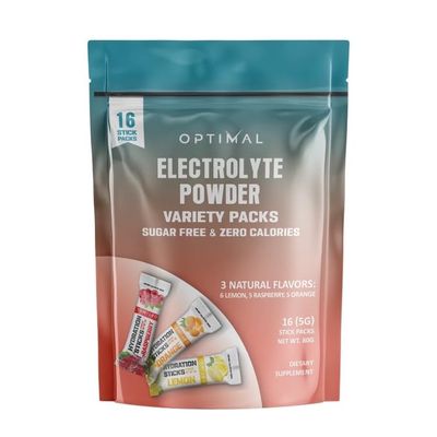 Optimal Electrolytes Powder Energy Drink - 16 Servings Hydration Packets with Lemon, Raspberry, Orange - Sugar Free Zero Calories Electrolytes Powder Packets - Natural Flavors Energy Drink Packets
