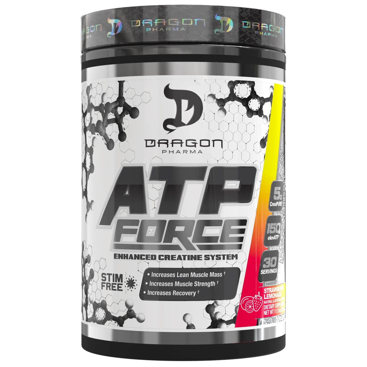 DRAGON PHARMA ATP Force Enhanced Creatine System, Stim-Free, Increase Lean Muscle Mass Recovery, 5 Grams of CreaPure, Improves Blood Flow (30 Servings, Strawberry Lemonade)
