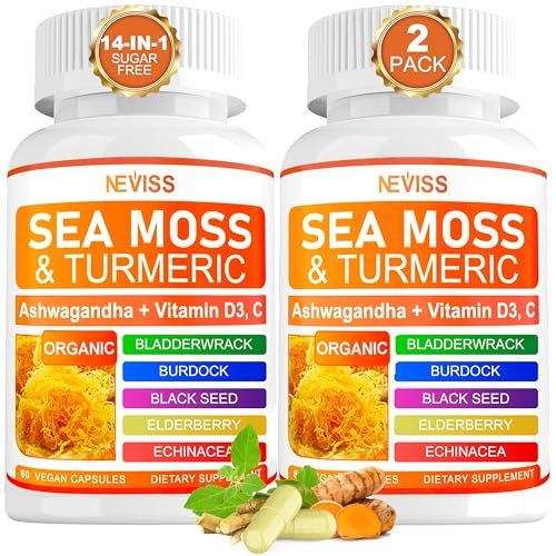 Sea Moss Capsules - Irish Sea Moss with Turmeric Plus Ashwagandha, Black See Oil, Bladderwrack, Burdock Root,Vitamin C D3, ACV Chlorophyll for Immunity, Gut, , Skin, 120Cts