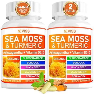 Sea Moss Capsules - Irish Sea Moss with Turmeric Plus Ashwagandha, Black See Oil, Bladderwrack, Burdock Root,Vitamin C D3, ACV Chlorophyll for Immunity, Gut, , Skin, 120Cts