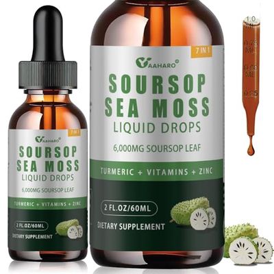Soursop Graviola Liquid Drops - Organic Soursop Leave Extract with Sea Moss, Vitamin B6C and Zinc - Soursop Bitters Liquid for Immune Boost, Relax and Sleep - Vegan, Non-GMO, Gluten Free - 2 Fl Oz