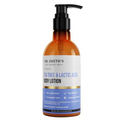 Dr. Sheth&#39;s Tea Tree Lactic Acid Exfoliating Body Lotion Reduces Body Acne Smooths Bumpy Skin Non Sticky Moisturizer for Oily to Normal Skin Fragrance-Free 6.76 Fl Oz200 ml