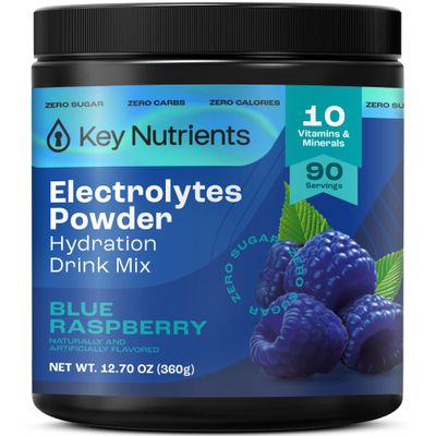 KEY NUTRIENTS Multivitamin Electrolytes Powder No Sugar - Sweet Blue Raspberry Electrolyte Powder - Endurance Energy Supplement - Hydration Powder - No Calories - 90 Servings - Made in USA