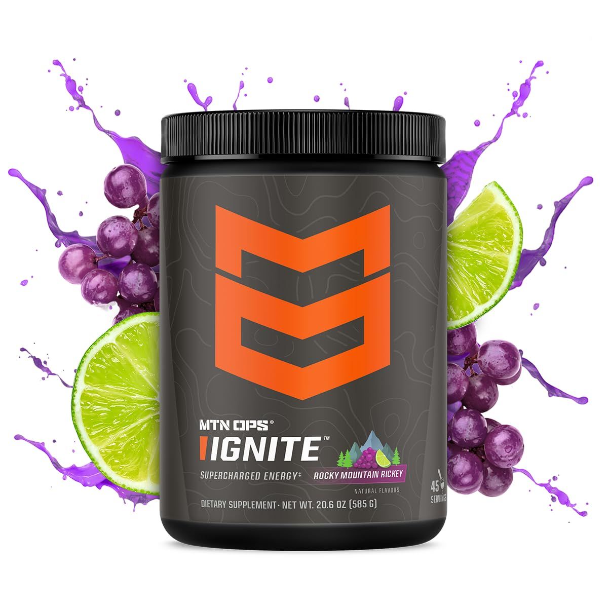 MTN OPS Ignite Energy Drink Powder, Gluten Free Nitric Oxide Supplement Drink Mix, L Arginine, L Citrulline, Caffeine Nootropic Sugar Free Drink Mix, 45 Servings, Rocky Mountain Rickey