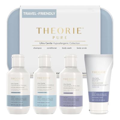 THEORIE PURE Travel Size Toiletries Set - Hypoallergenic Shampoo, Conditioner, Body Wash Body Scrub - Fragrance-Free, No Sulfates or Parabens - Clean Beauty Essentials for Hair Skin
