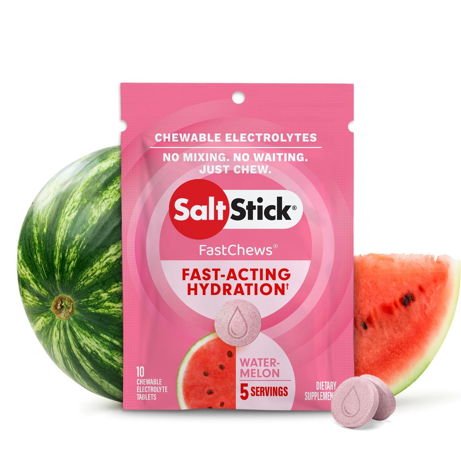 SaltStick Fastchew Electrolyte Replacement Tablets for Rehydration, Packet of 10 Tablets, Watermelon, 10 Count